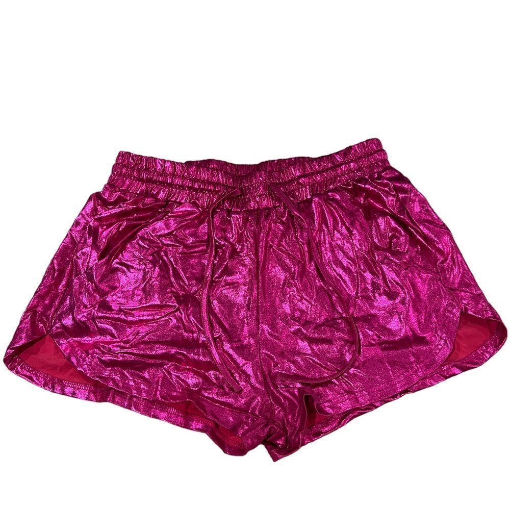 Bright pink shimmery metallic large junior shorts with drawstring and pockets
